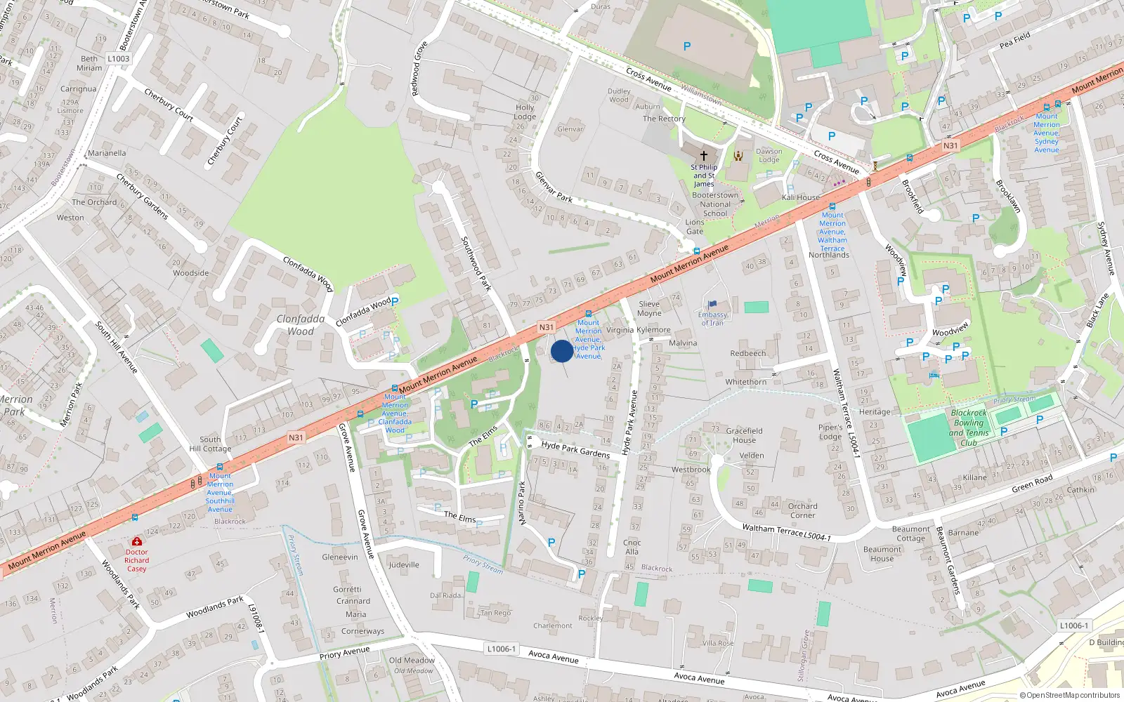 Overhead map showing the location of Alandale, 88 Mount Merrion Avenue, Blackrock