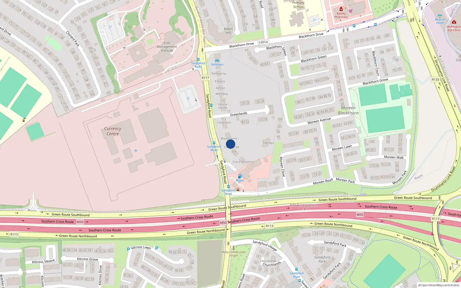 Overhead map showing the location of Sandyford Road, Dublin 16