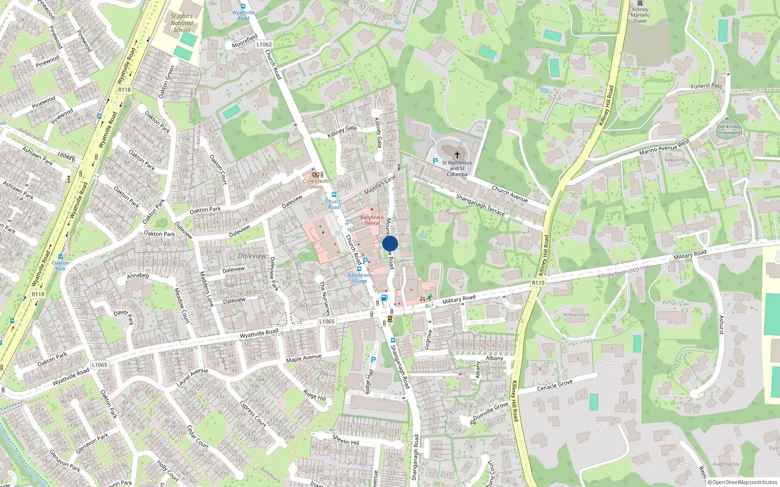 Overhead map showing the location of Mountain View Road, Ballybrack