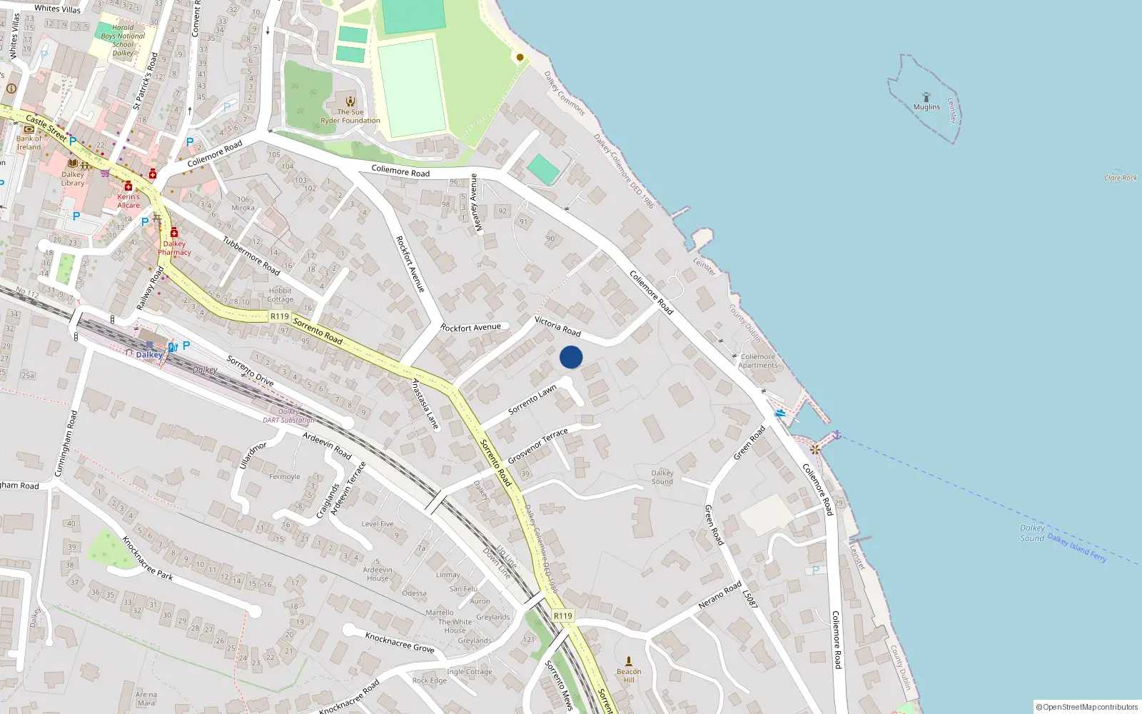 Overhead map showing the location of Victoria Road, Dalkey