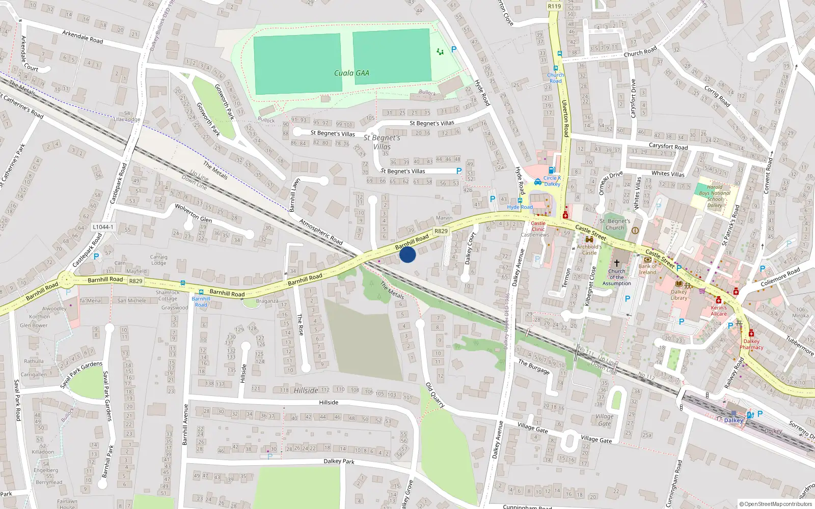 Overhead map showing the location of Barnhill Road, Dalkey