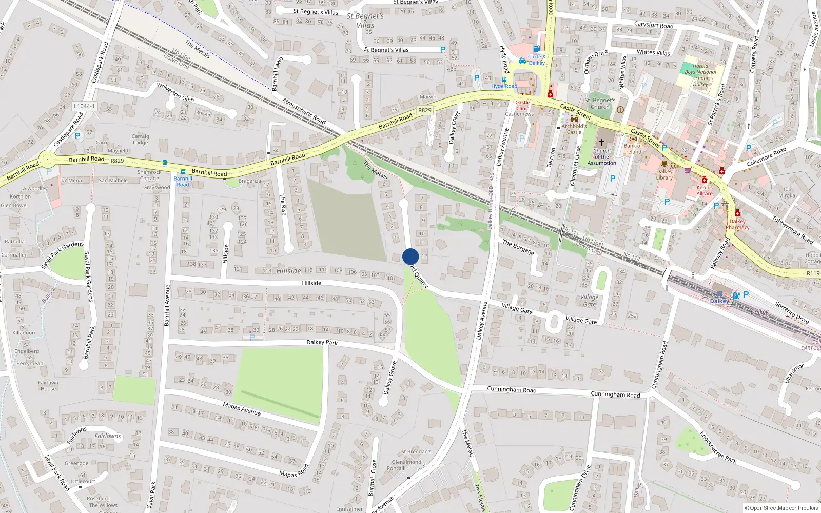 Overhead map showing the location of Old Quarry, Dalkey