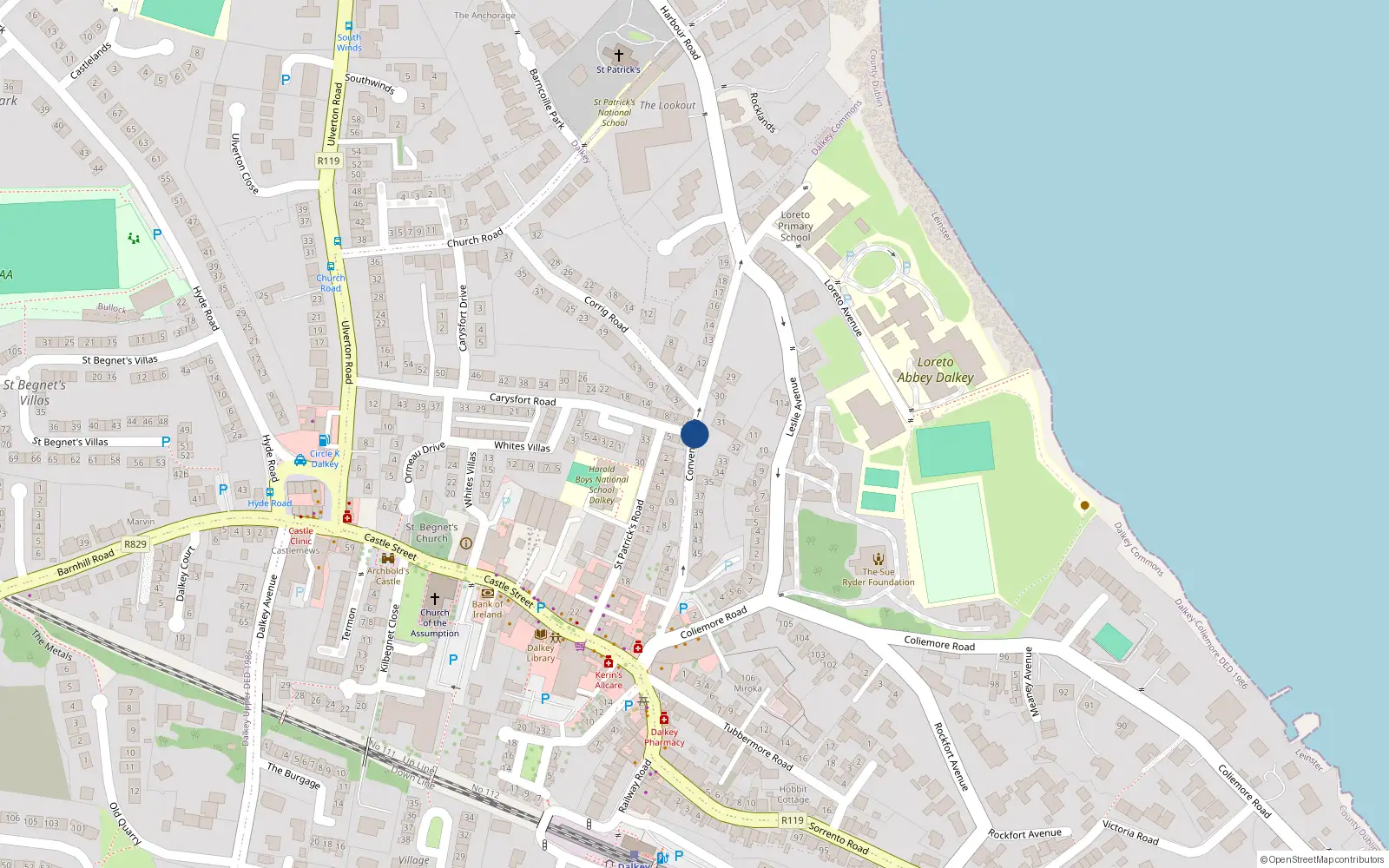 Overhead map showing the location of Convent Road, Dalkey