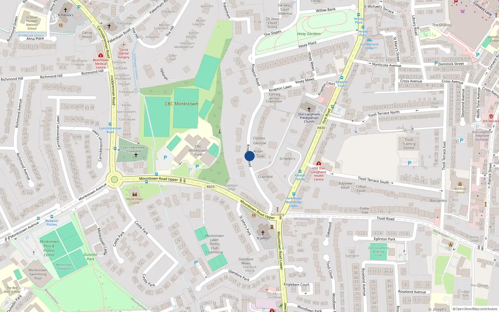 Overhead map showing the location of Knapton Road, Dun Laoghaire