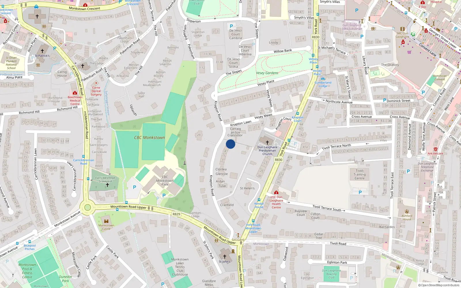 Overhead map showing the location of 2 Knapton Road, Monkstown