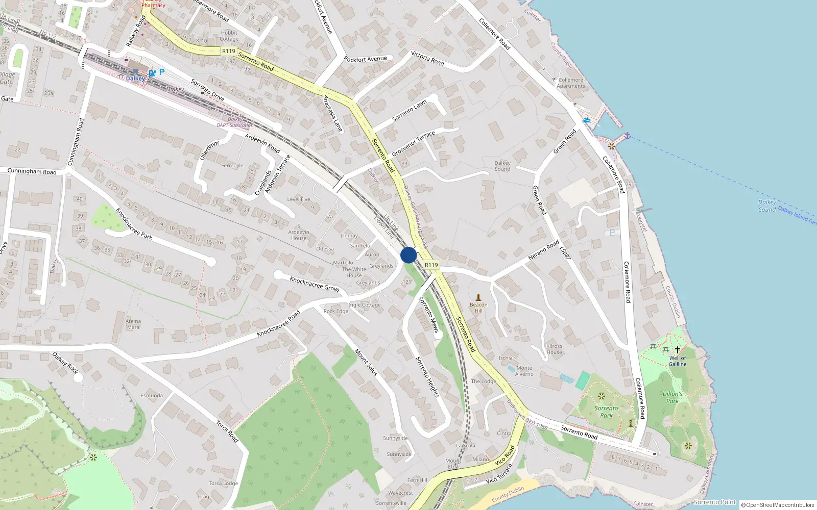 Overhead map showing the location of Knocknacree Road, Dalkey
