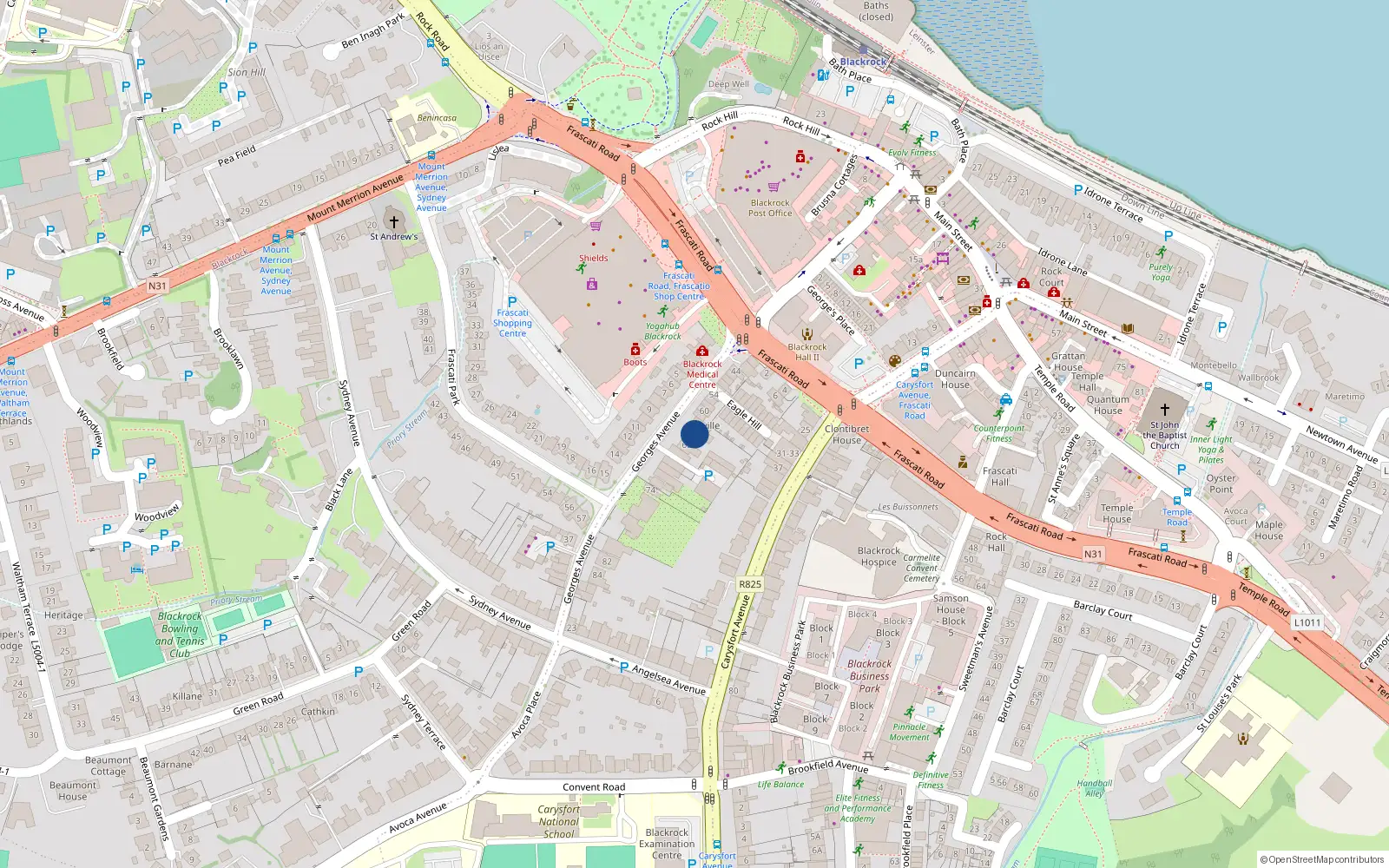 Overhead map showing the location of 66 George's Avenue, Blackrock