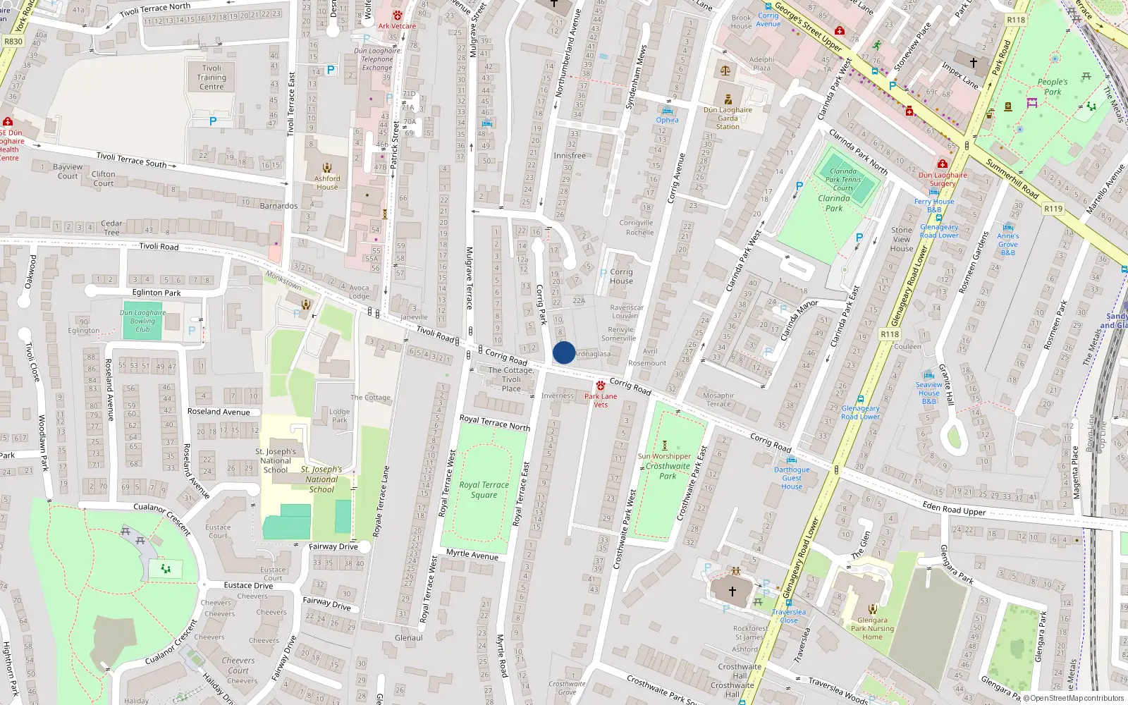 Overhead map showing the location of 4 Corrig Park, Dun Laoghaire