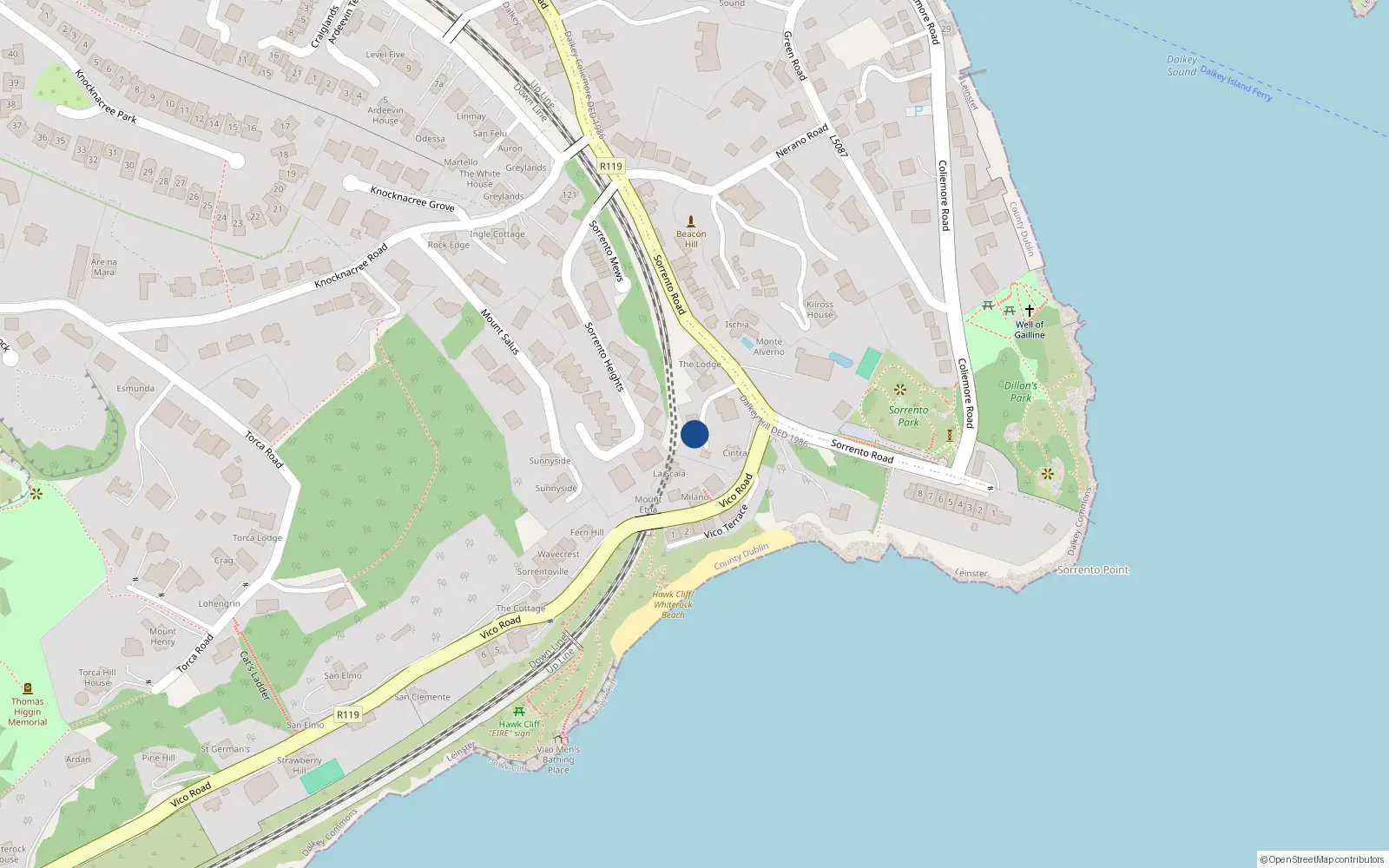 Overhead map showing the location of Sorrento Road, Dalkey