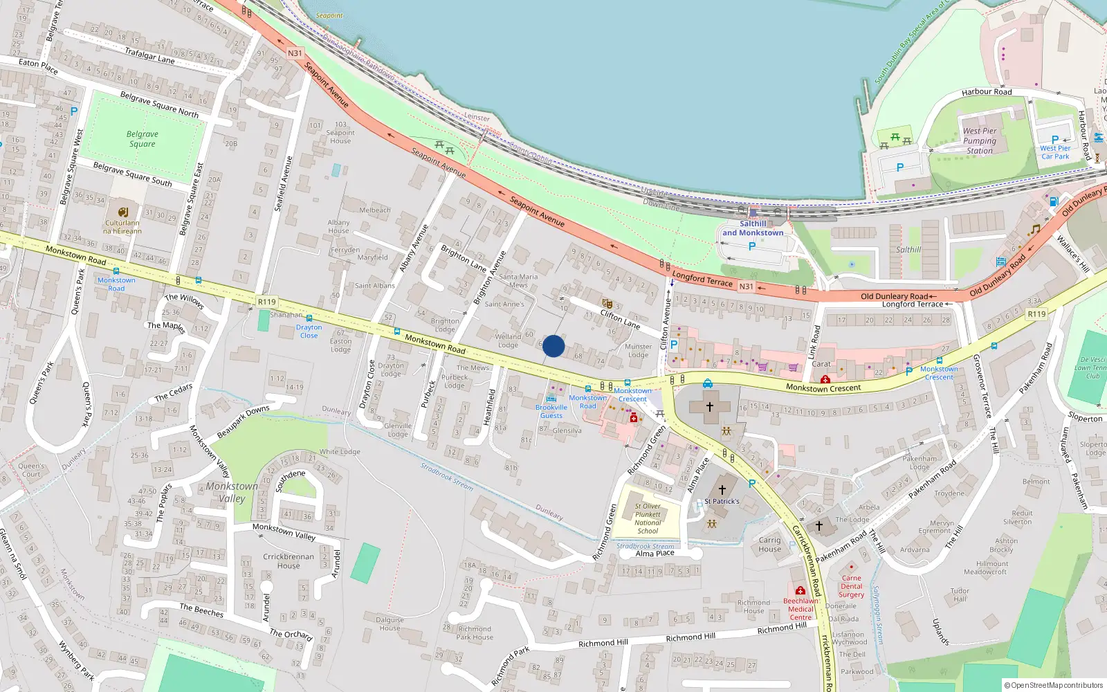 Overhead map showing the location of 64A Monkstown Road, Monkstown
