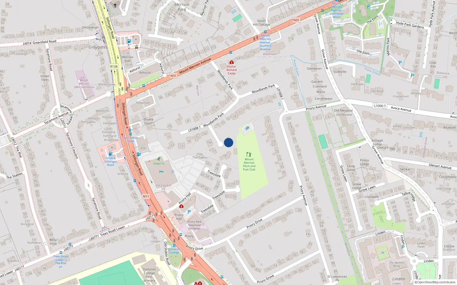 Overhead map showing the location of Amberlay, 20 Woodlands Park, Blackrock