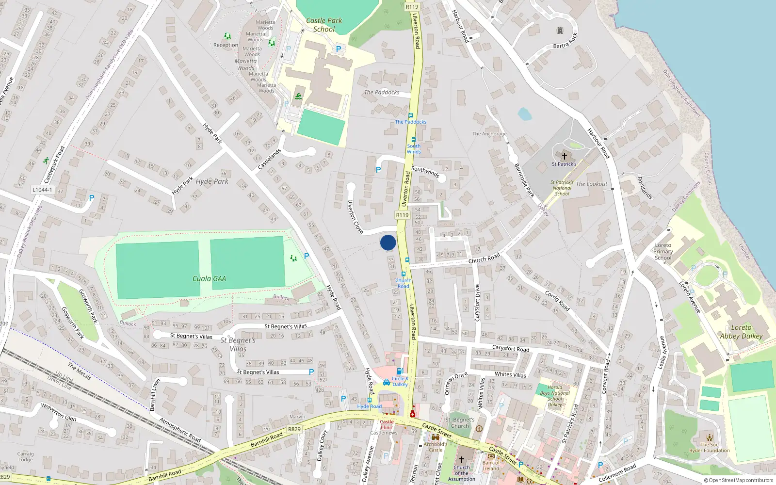 Overhead map showing the location of 37 Ulverton Road, Dalkey