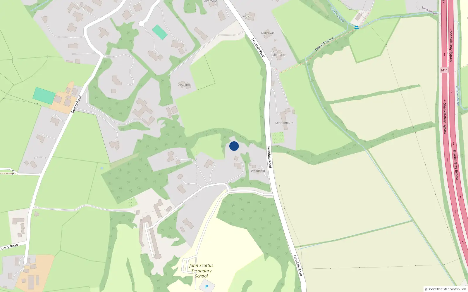 Overhead map showing the location of Amberley, Oldconnaught, Old Conna Village, Co. Dublin