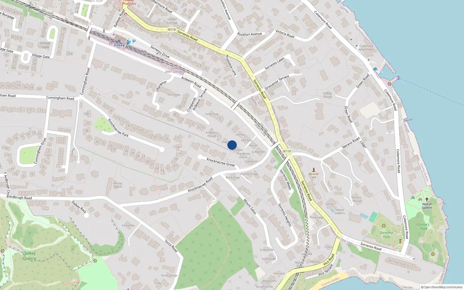 Overhead map showing the location of Ardeevin Road, Dalkey