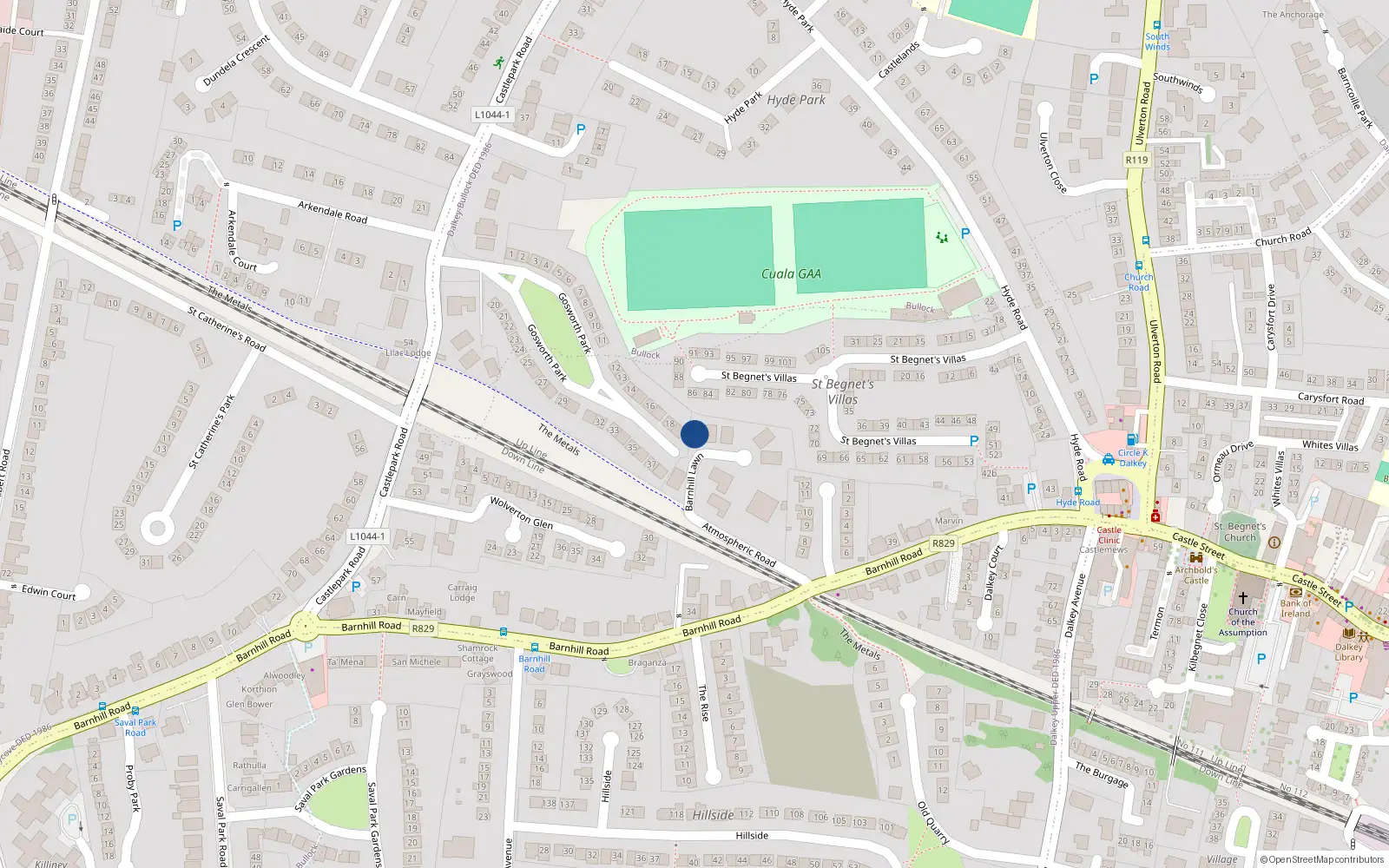 Overhead map showing the location of 1 Barnhill Lawn, Dalkey