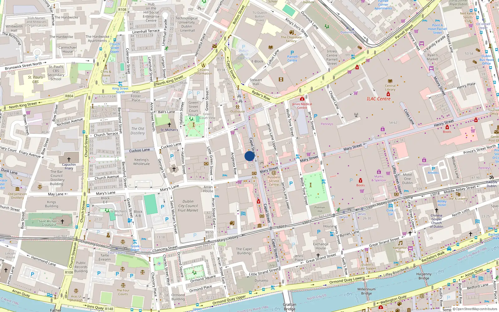 Overhead map showing the location of Apart 15, 121 Capel Street, Dublin 1