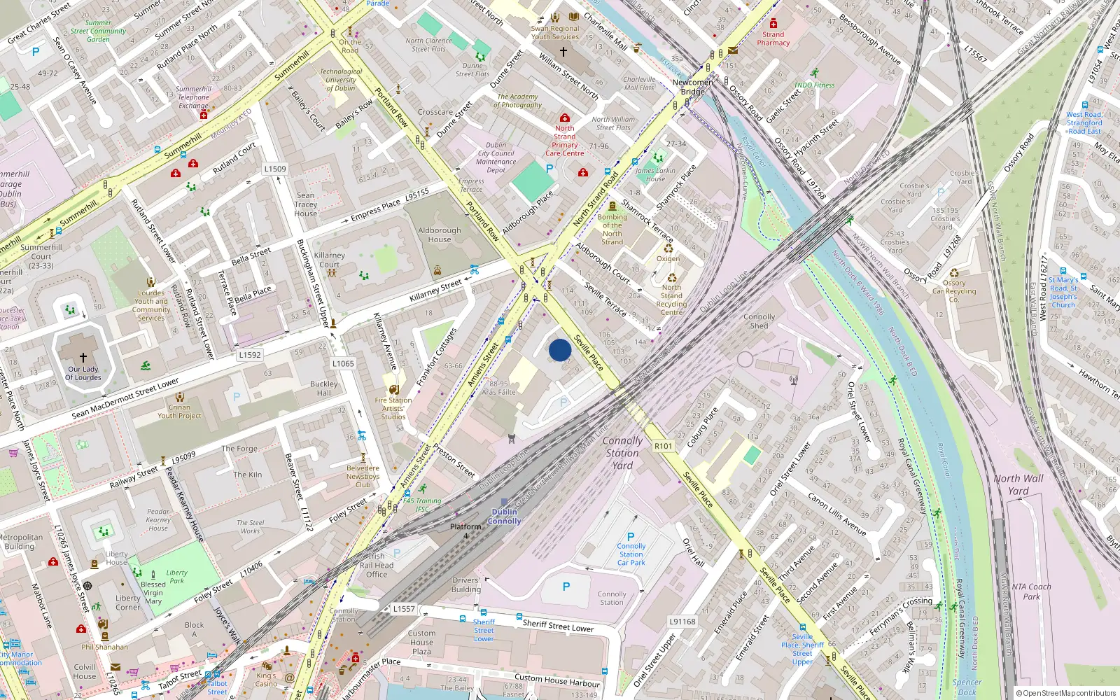Overhead map showing the location of Apartment 1, 5 Seville Place, Dublin 1