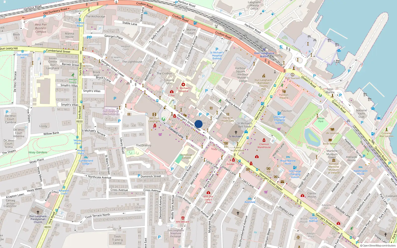 Overhead map showing the location of Apartment 1, 89 Lower Georges Street, Dun Laoghaire