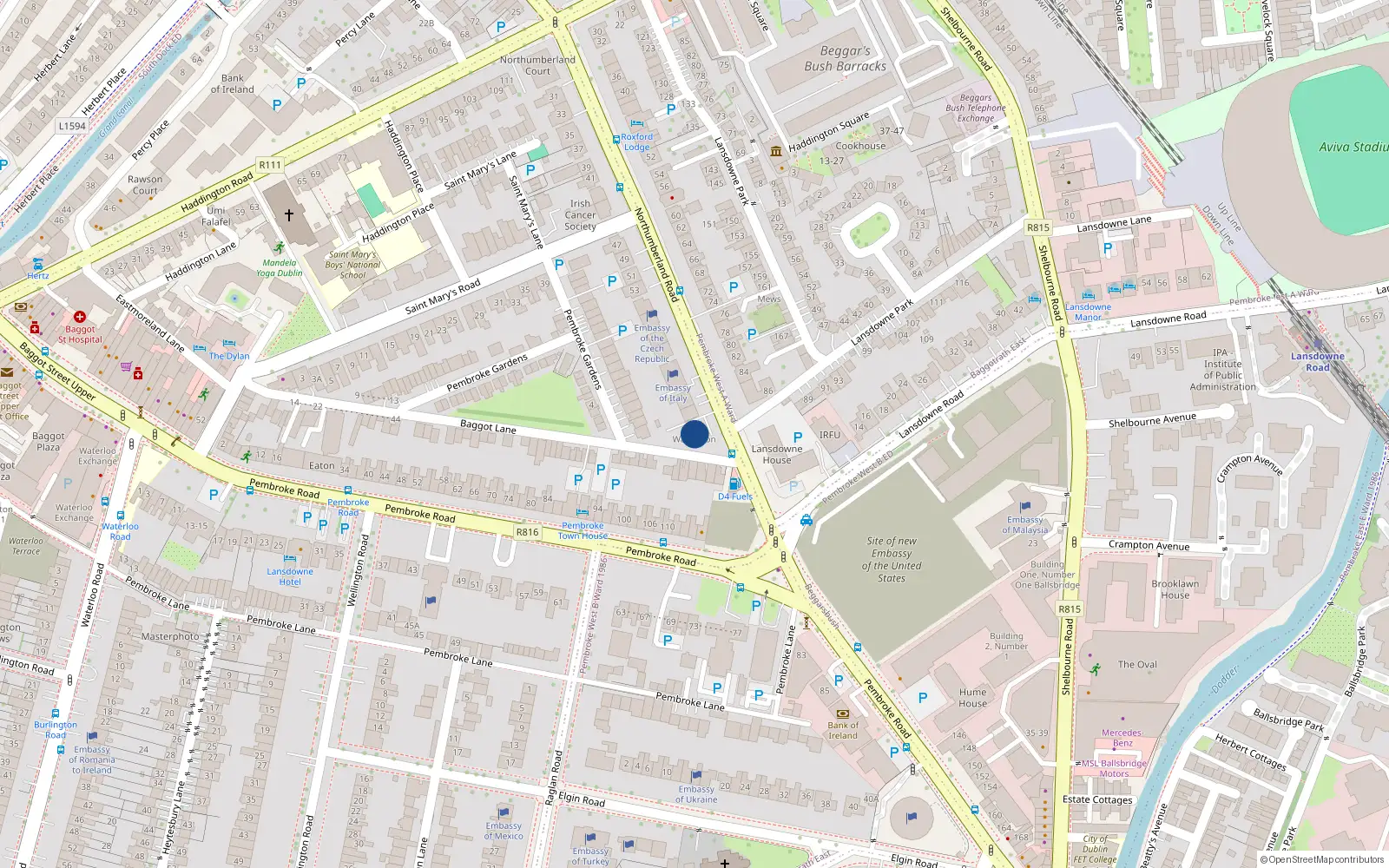 Overhead map showing the location of Apartment 1 Wavendon, 69 Northumberland Road, Ballsbridge