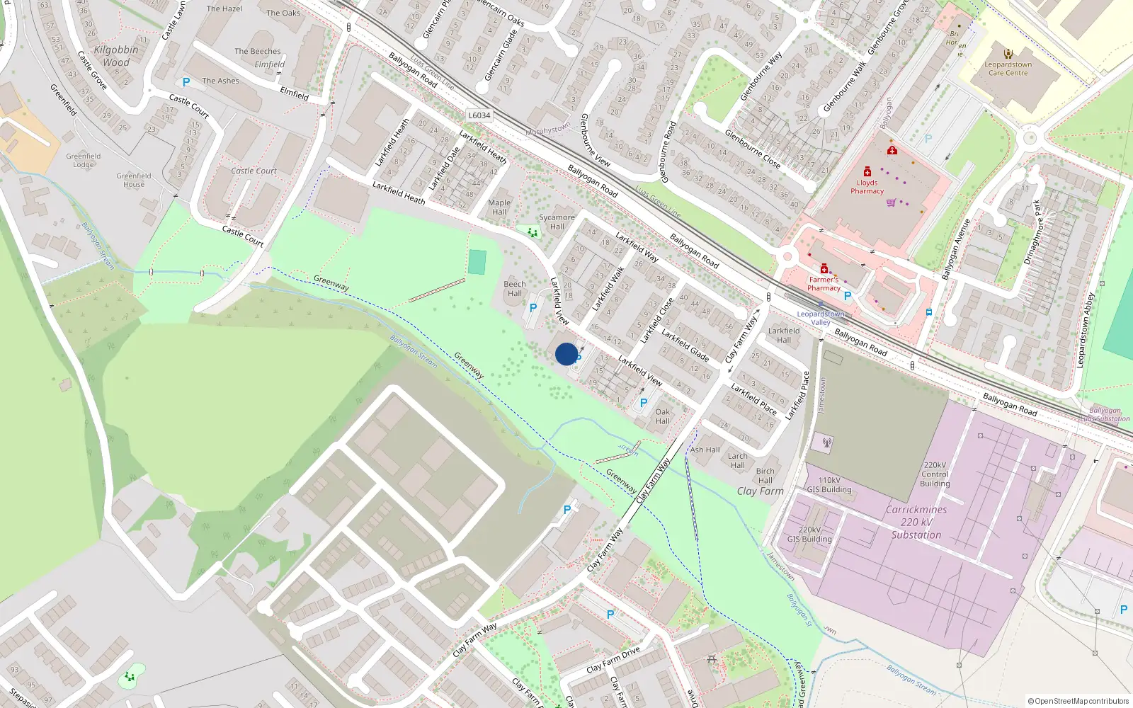 Overhead map showing the location of Apartment 1 Whitebeam Hall, Clay Farm, Leopardstown
