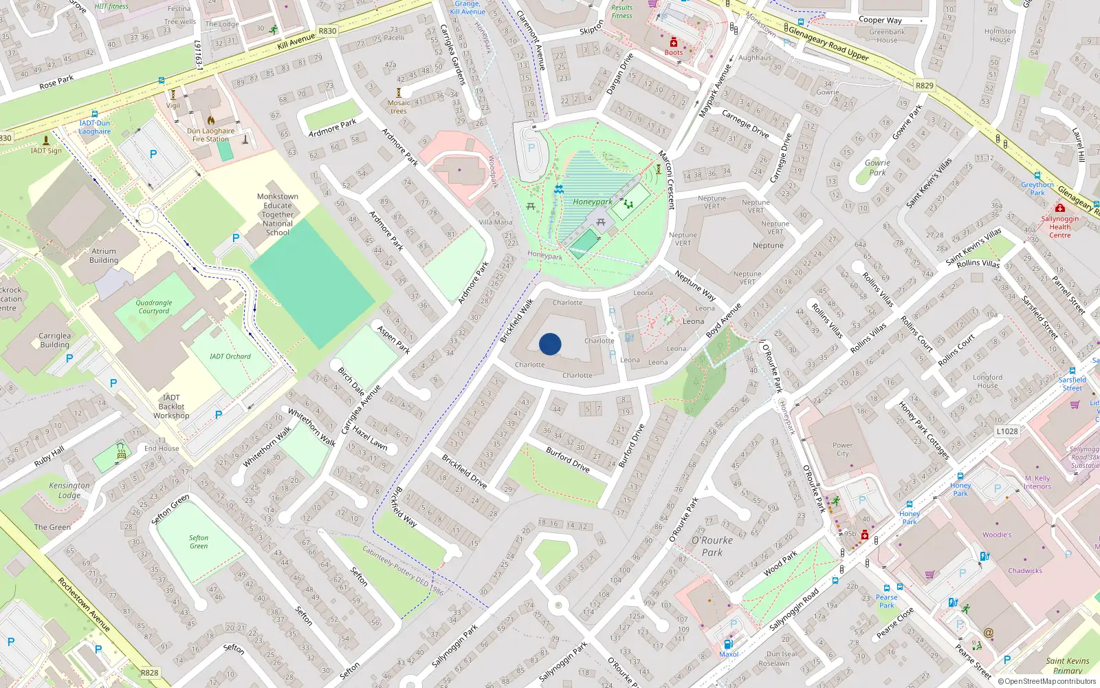 Overhead map showing the location of Apartment 111 Charlotte Block, Honeypark, Dun Laoghaire