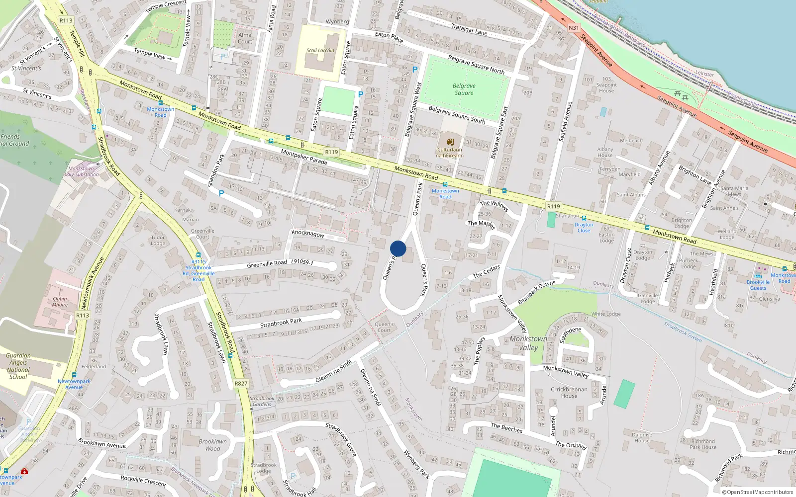 Overhead map showing the location of Apartment 122 Queens Court, 122 Queen's Park, Monkstown