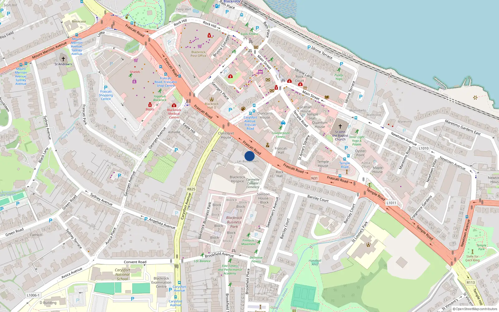 Overhead map showing the location of Apartment 13 Les Buissonnets, Frascati Road, Blackrock