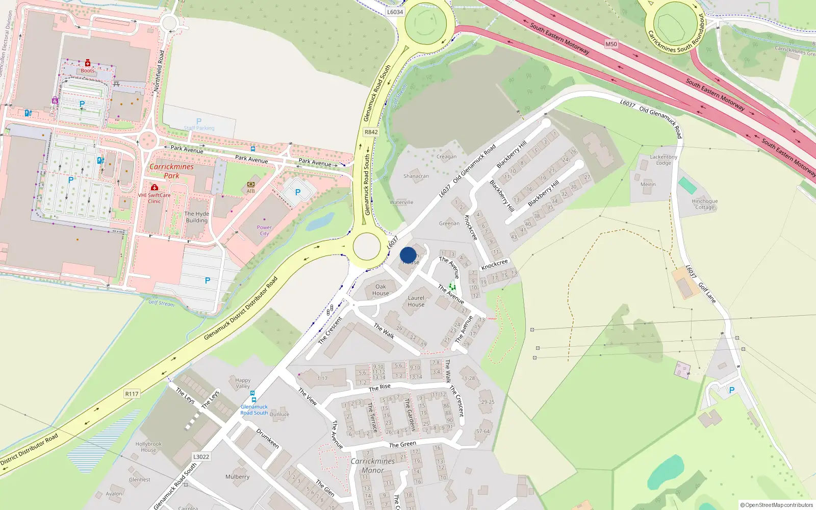 Overhead map showing the location of Apartment 21 Beech House, Glenamuck Road, Carrickmines