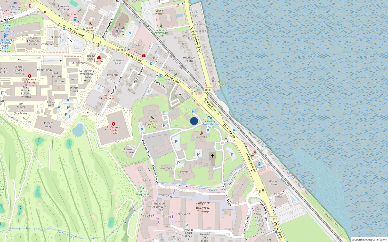Overhead map showing the location of Apartment 37 Block 2, 2 Merrion Road, Dublin 4