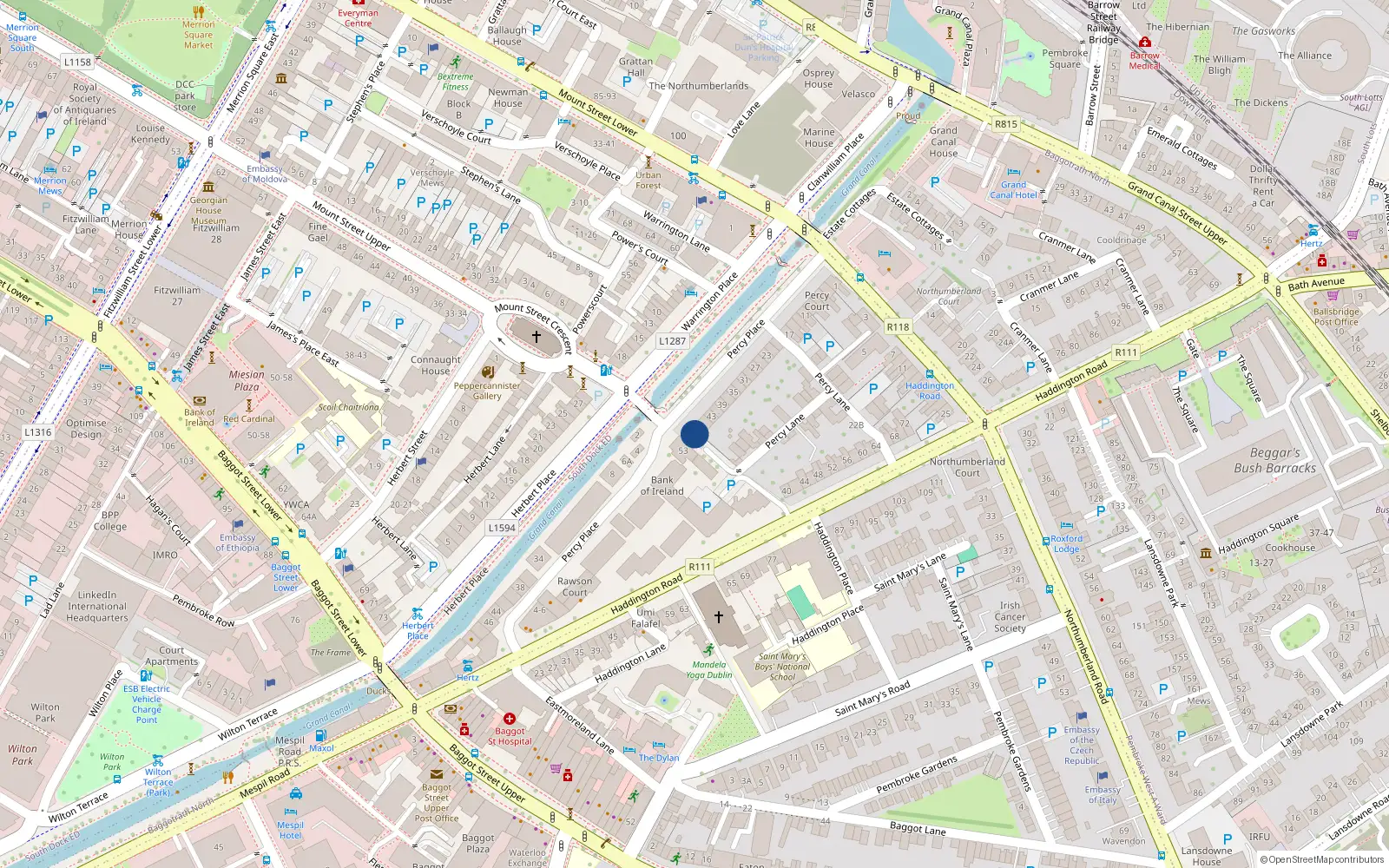 Overhead map showing the location of Apartment 5, 49 Percy Place, Dublin 4