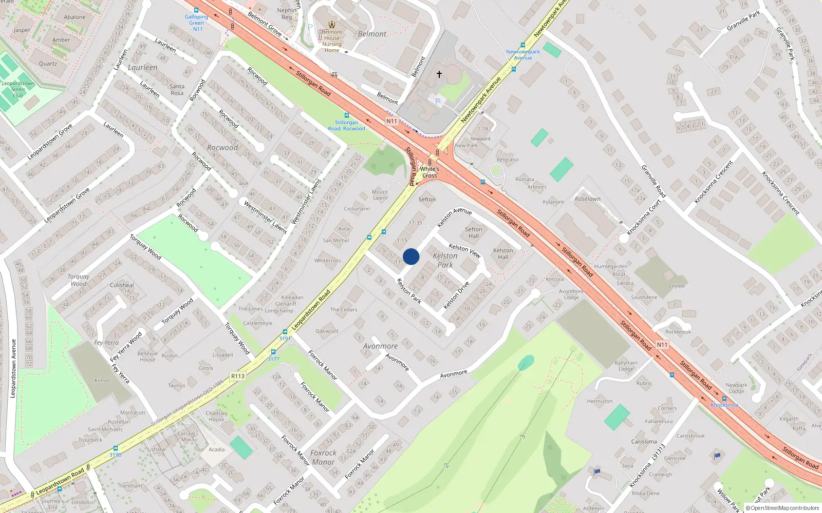 Overhead map showing the location of Apartment 5 Kelston Avenue, Leopardstown Road, 5 Kelston Avenue, Foxrock