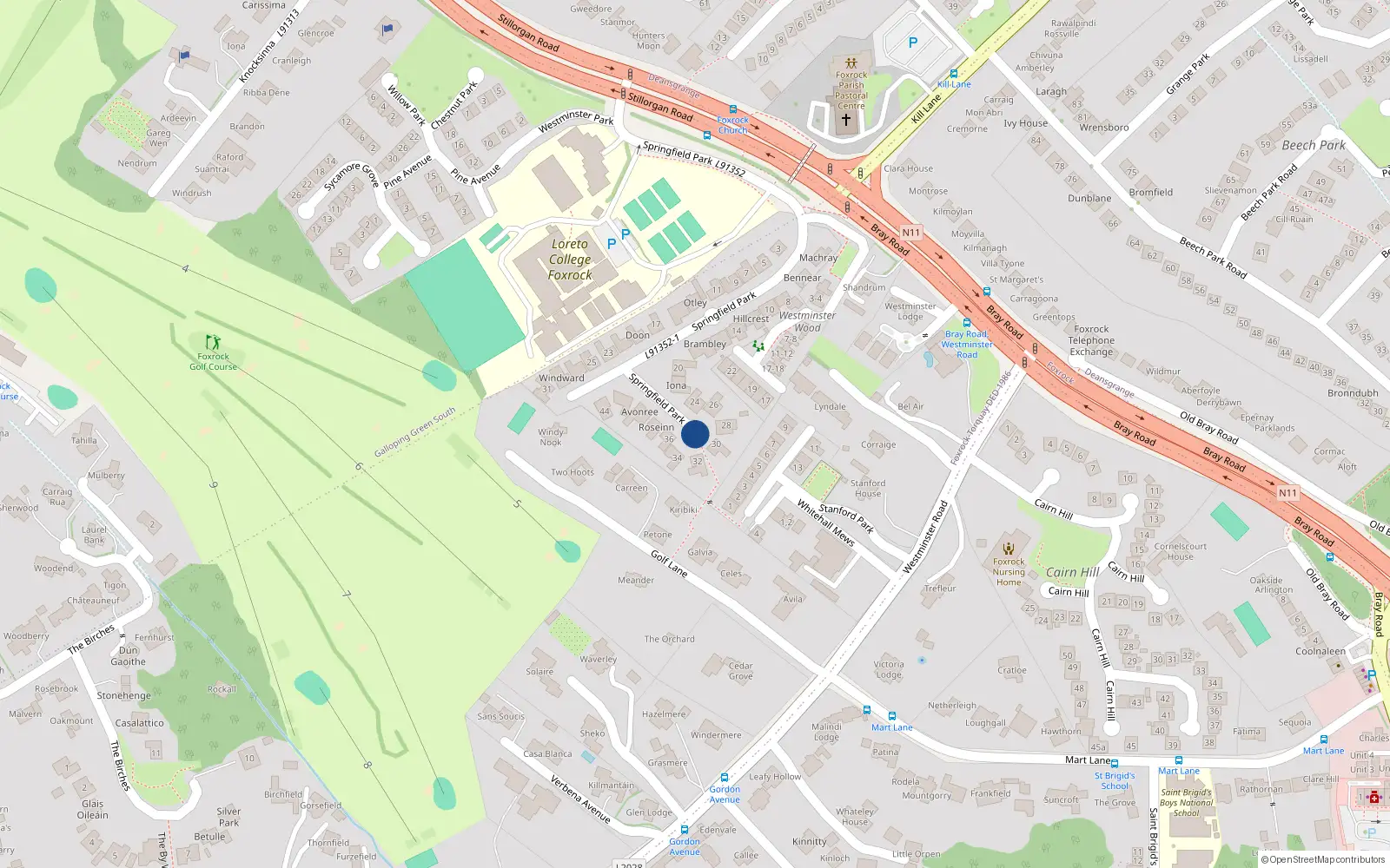 Overhead map showing the location of Apartment 7, Springfield Park, Foxrock