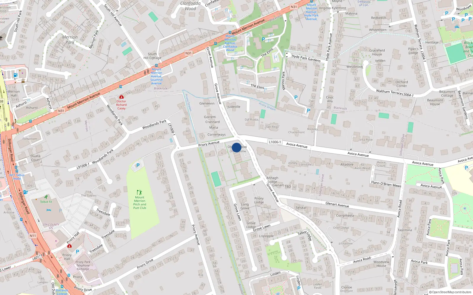 Overhead map showing the location of Apartment 9 Old Meadow, Grove Avenue, Blackrock