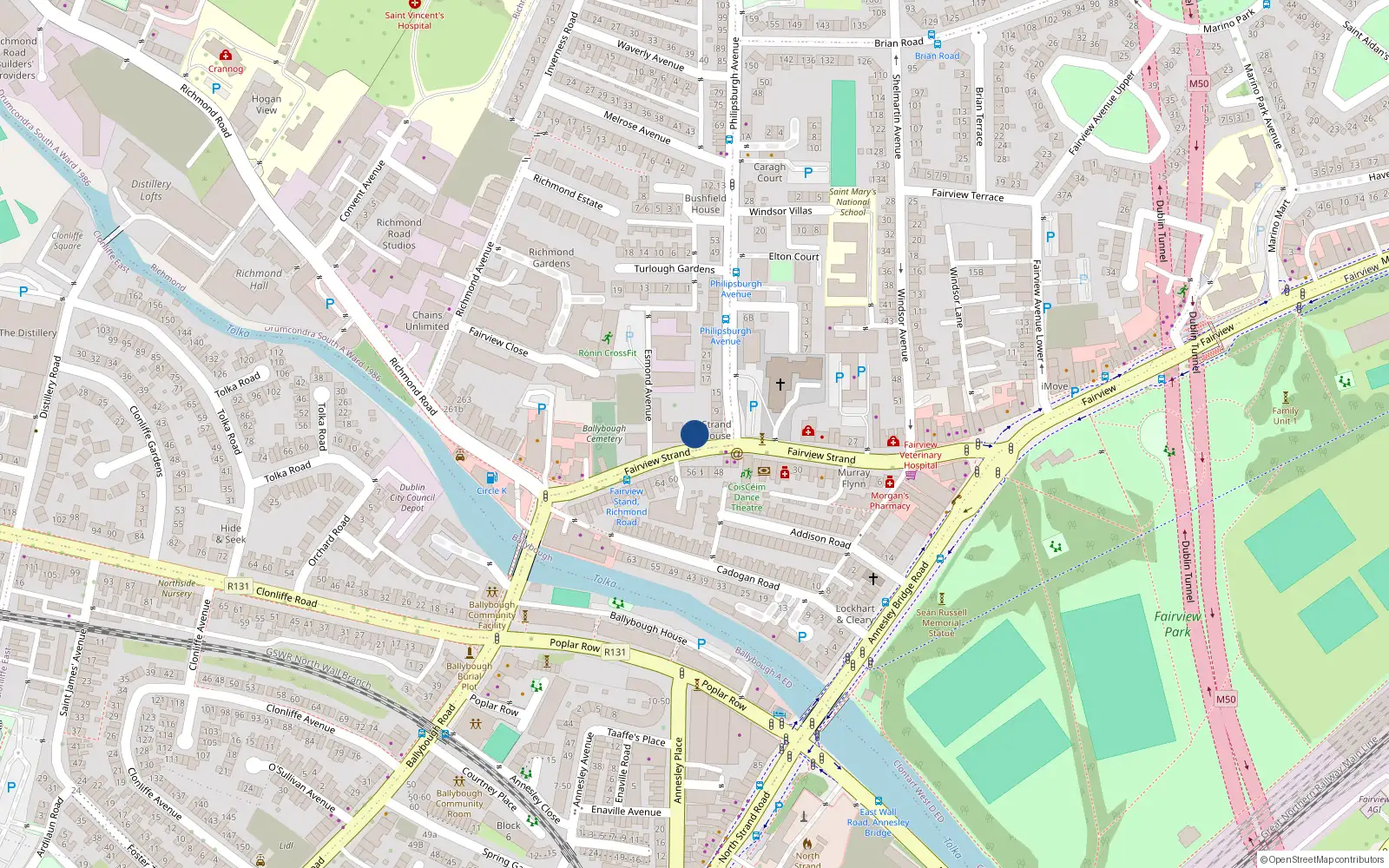 Overhead map showing the location of Apartment at 47/49 Fairview Strand, Dublin 3