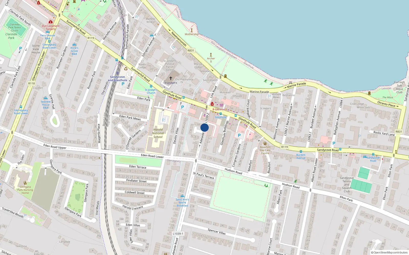 Overhead map showing the location of Adelaide Road, Glasthule
