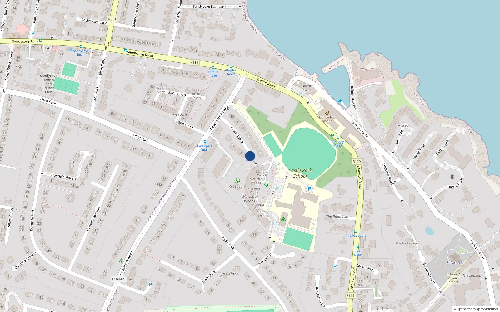 Overhead map showing the location of Apt 1, 1 Castle Close, Sandycove