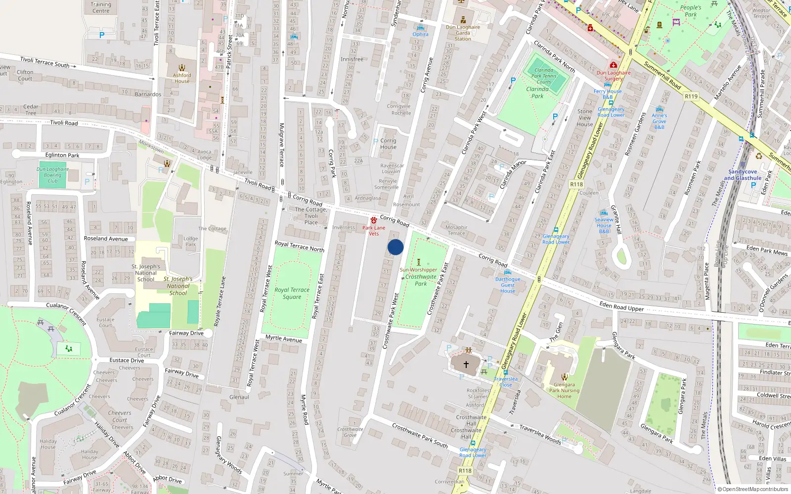 Overhead map showing the location of Apt 1, 1 Crosthwaite Park West, Dun Laoghaire