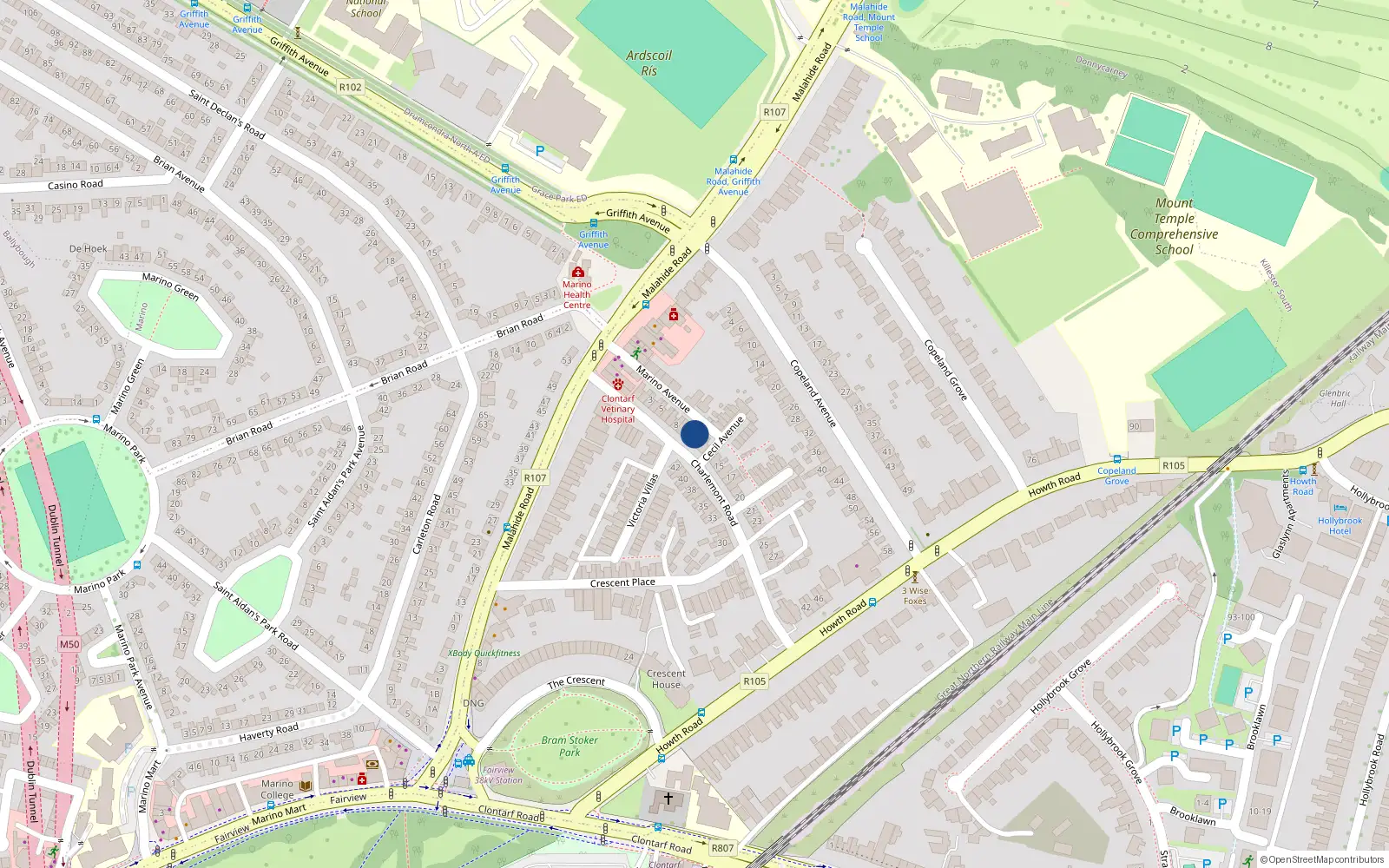 Overhead map showing the location of Apt 1, 11 Charlemont Road, Dublin 3