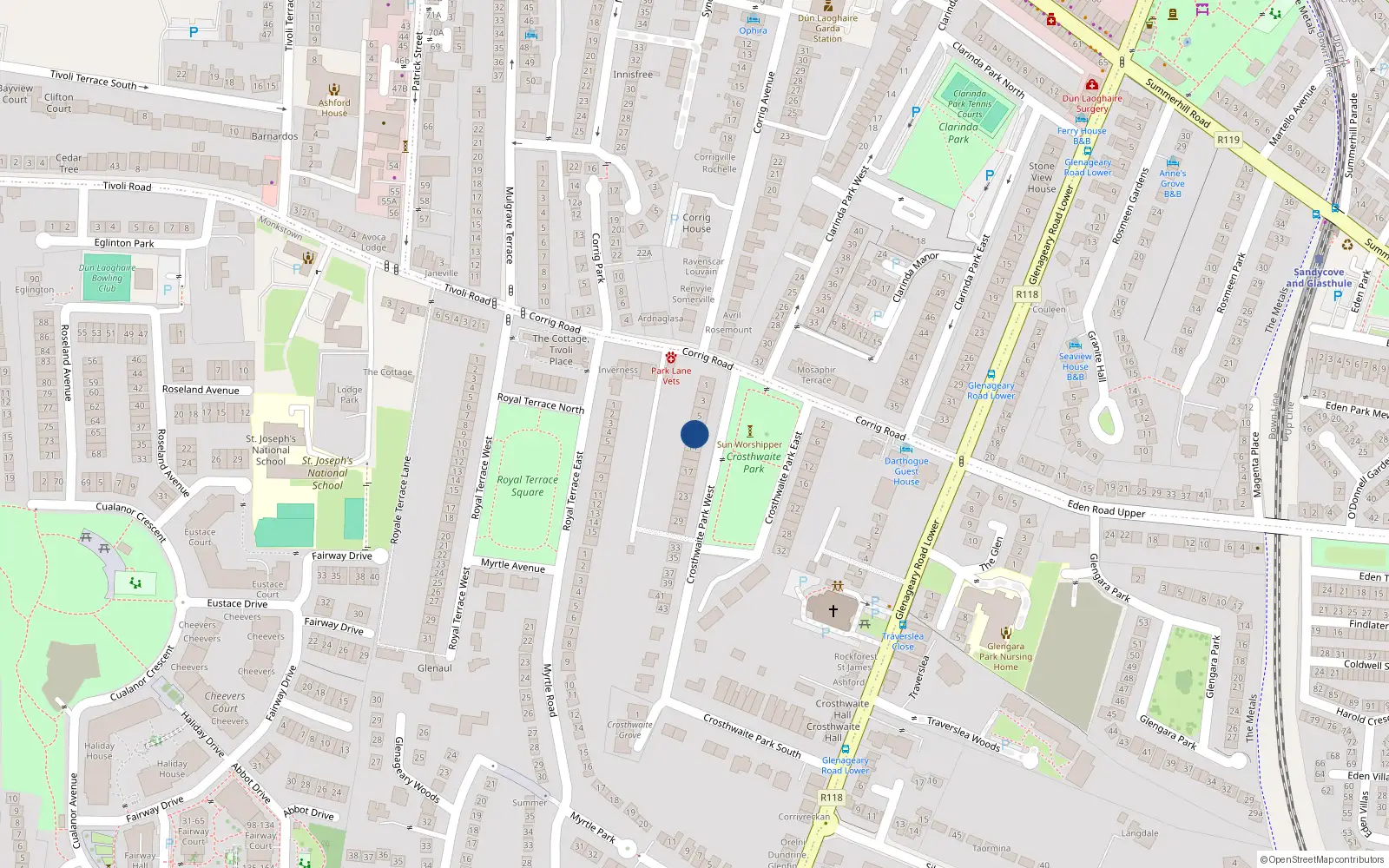 Overhead map showing the location of Apt 1, 11 Crosthwaite Park West, Dun Laoghaire