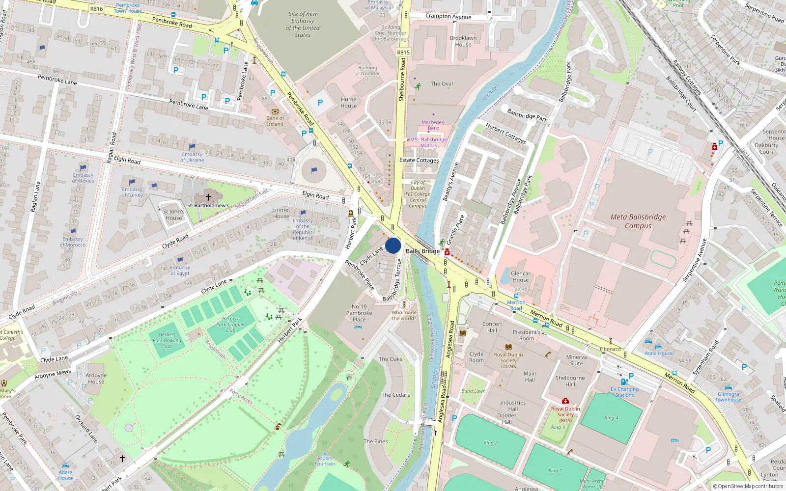 Overhead map showing the location of Apt 1 - 13, 28 Elgin Road, 13 Ballsbridge Terrace, Ballsbridge