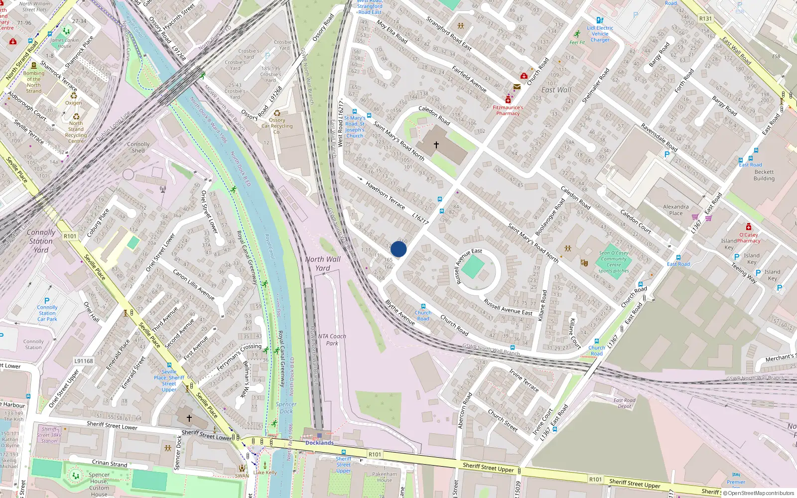 Overhead map showing the location of Apt 1, 162 Church Road, East Wall