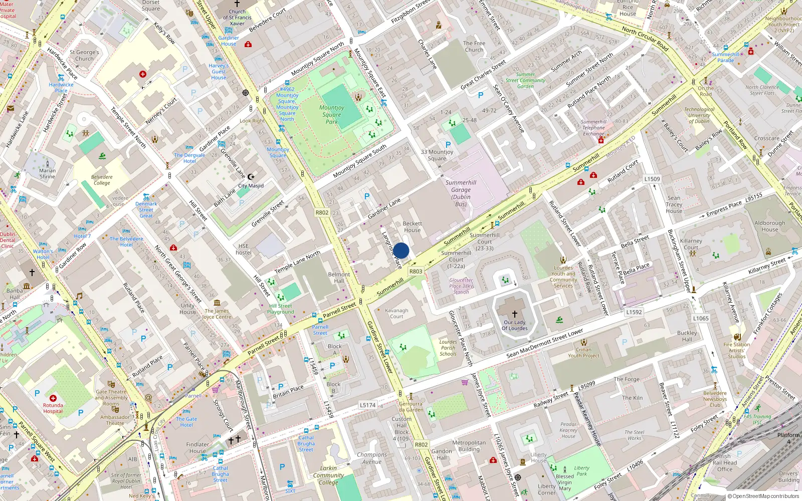 Overhead map showing the location of Apt 1, 3 Langrishe Place, Dublin 1
