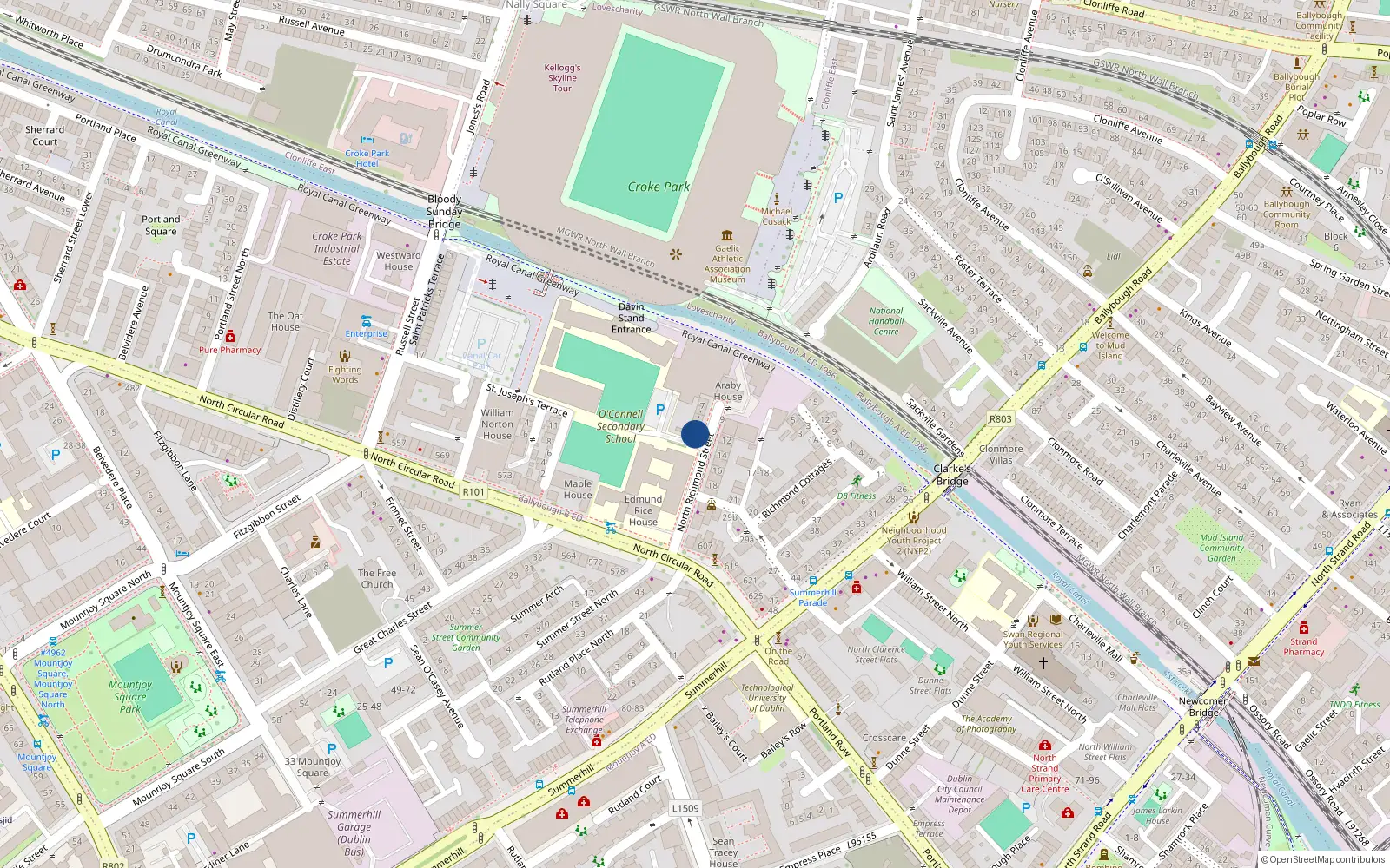 Overhead map showing the location of Apt 1, 3 North Richmond St, Dublin 1