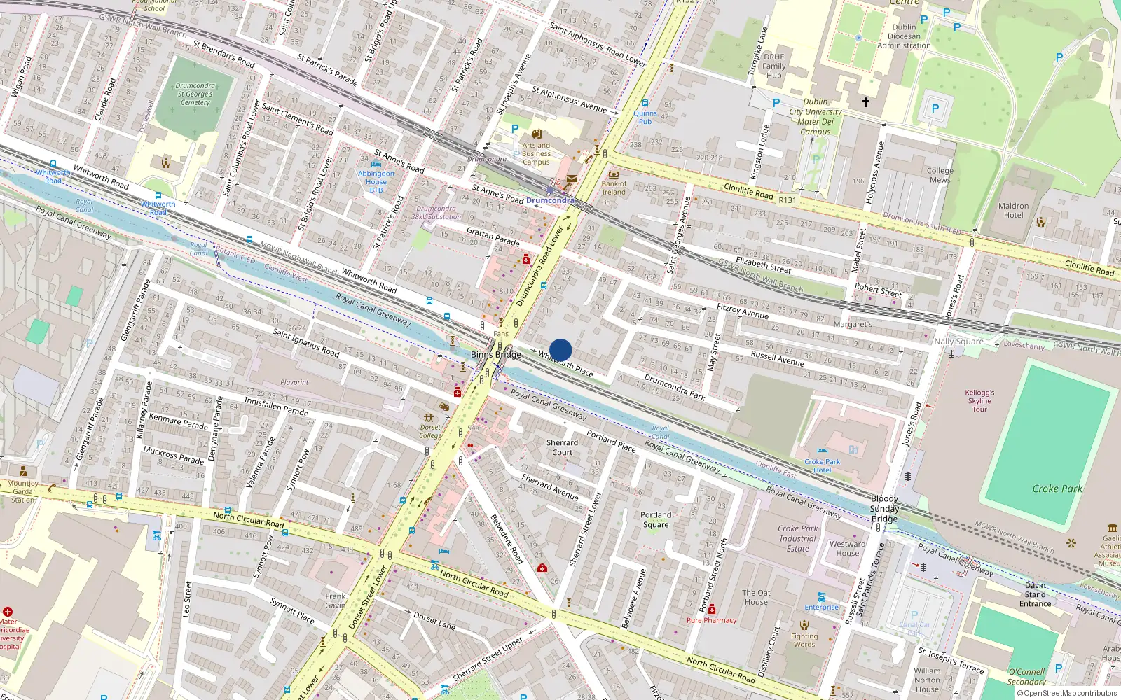 Overhead map showing the location of Apt 1, 3 Whitworth Place, Drumcondra