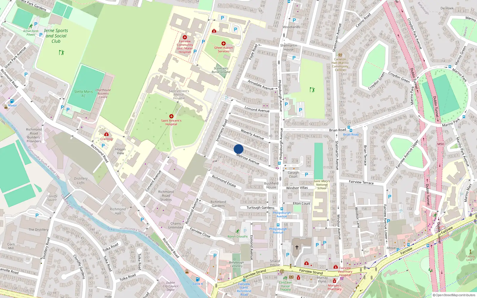 Overhead map showing the location of Apt 1 30, 30 Melrose Avenue, Dublin 3
