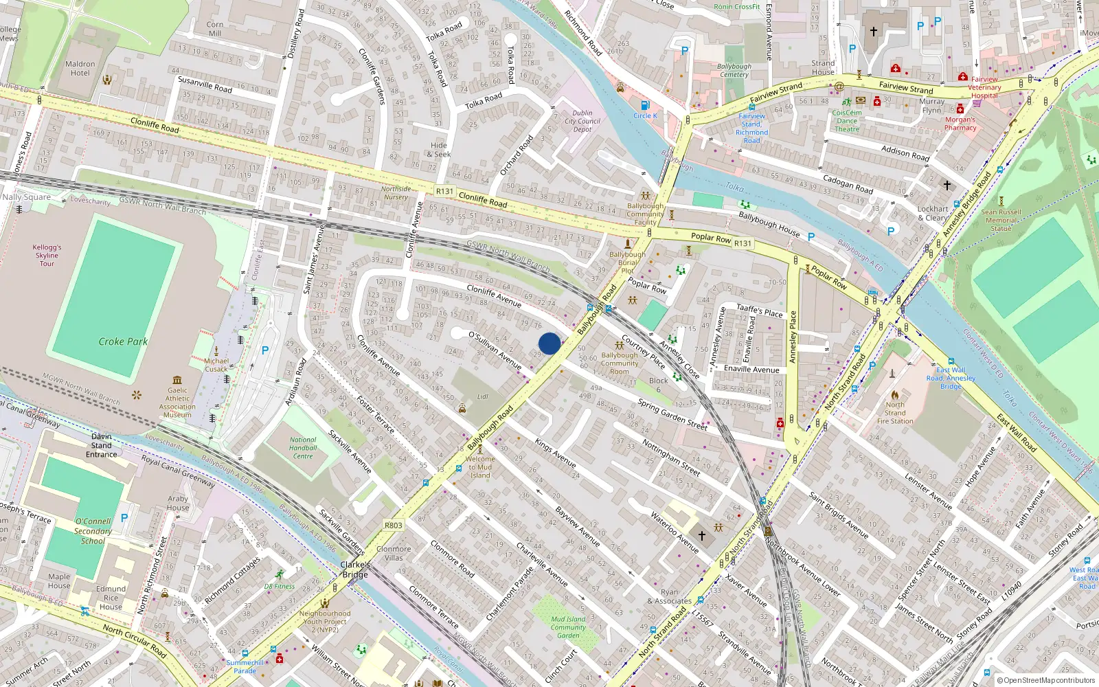 Overhead map showing the location of Apt 1 32 Ballybough Road, Dublin 3, Dublin