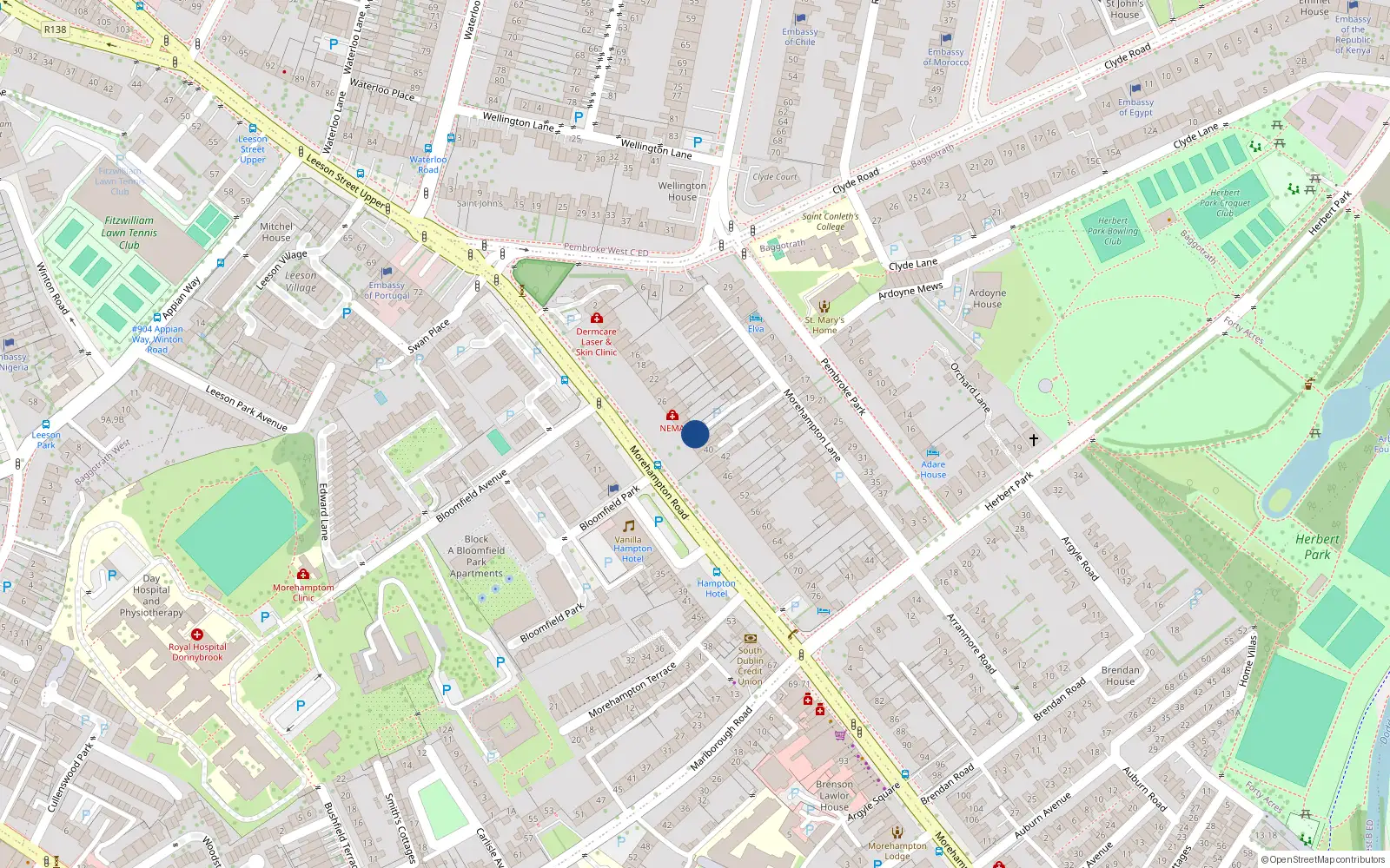 Overhead map showing the location of Apt 1, 36 Morehampton Road, Donnybrook