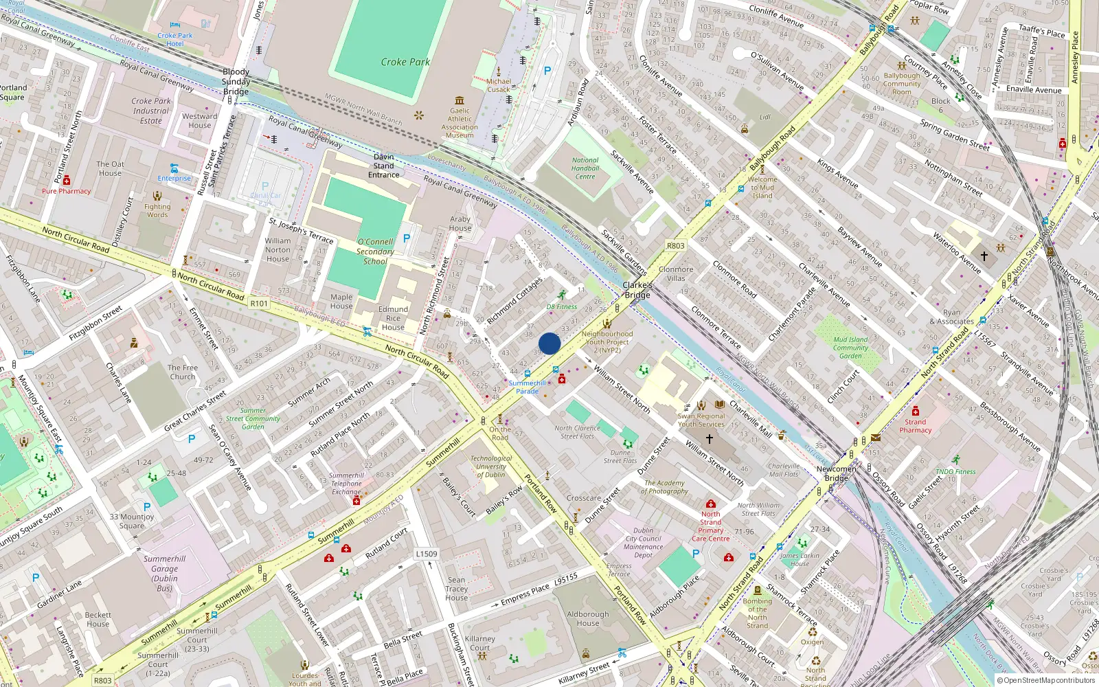 Overhead map showing the location of Apt 1, 36 Summerhill Parade, Dublin 1