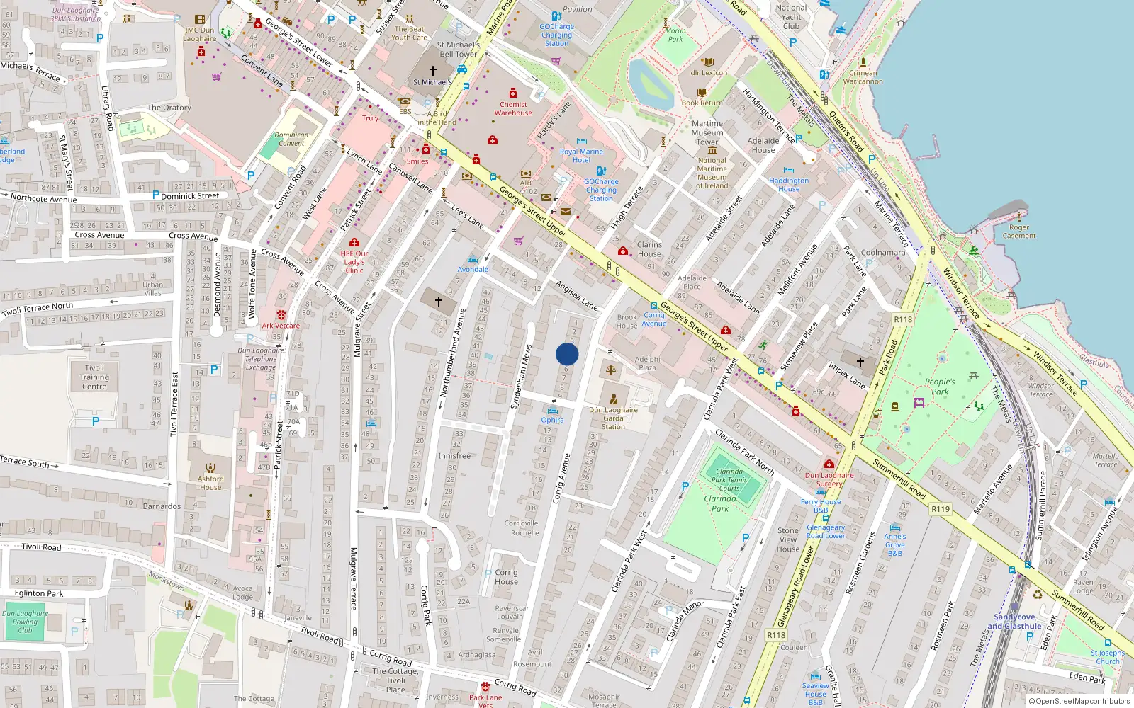 Overhead map showing the location of Apt 1, 4 Corrig Avenue, Dun Laoghaire