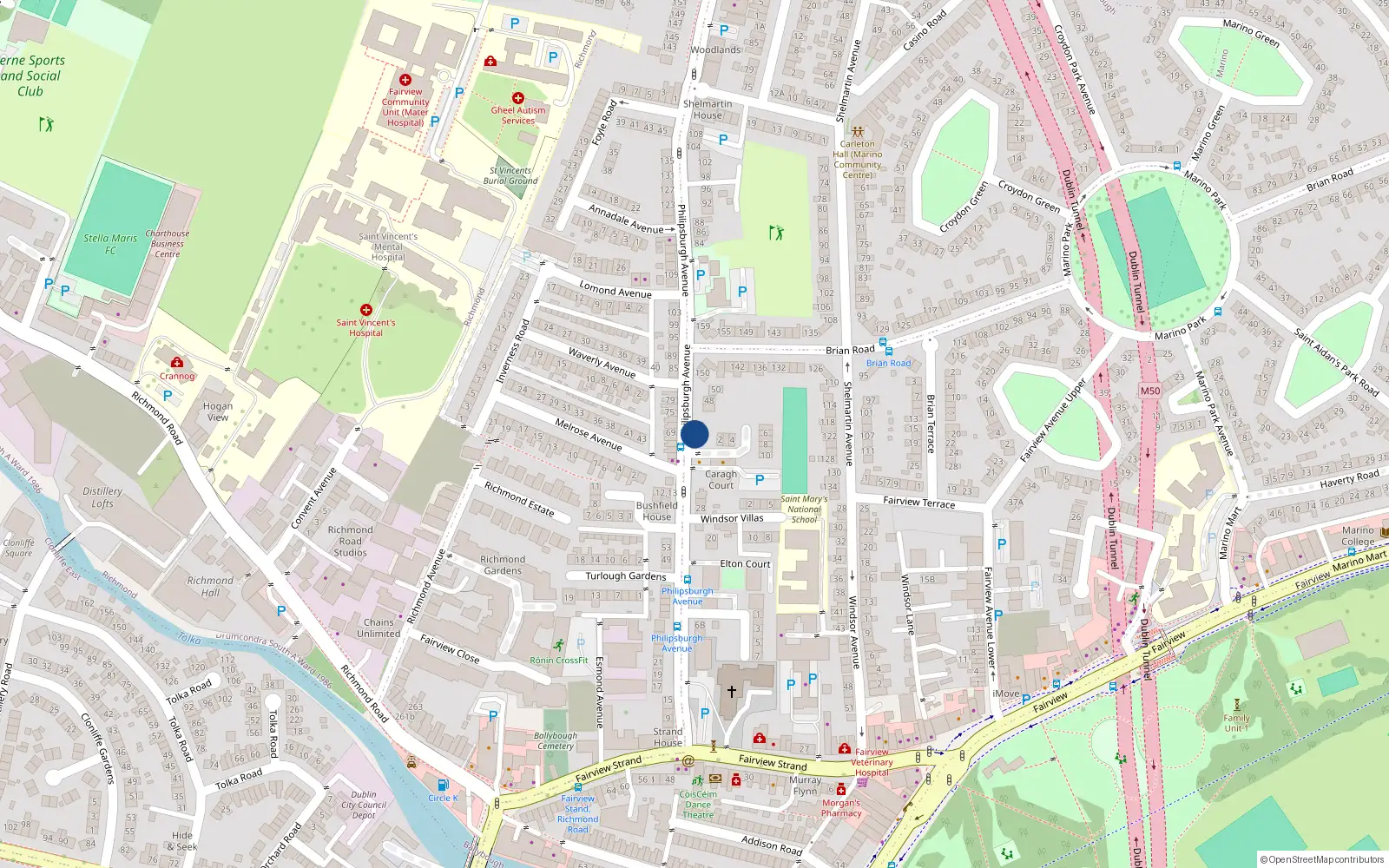 Overhead map showing the location of Apt 1, 44 Philipsburgh Avenue, Fairview Dublin 3